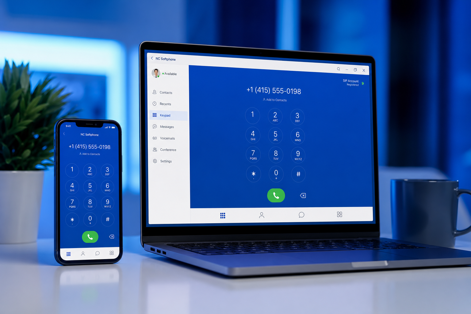 NC Softphone on laptop and smartphone — Voice WebRTC dialer